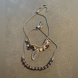 Alex And Ani Adjustable Bracelet Set Purple Feather Crystals